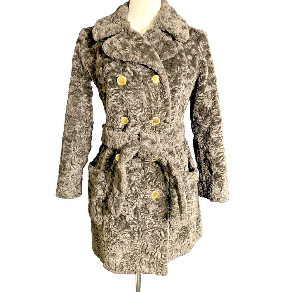 Vintage Dark Brown Faux Lamb Fur Coat Jacket Mod 60s 70s Metal Buttons
